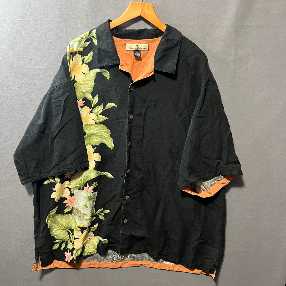 Tommy Bahama Mens XXL Black Silk Floral Swordfish Jacquard Camp Shirt 26x33